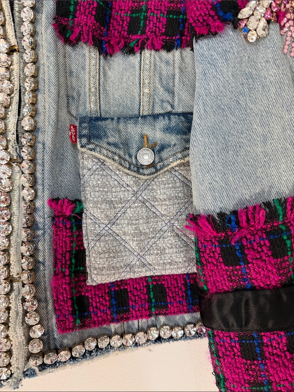 Levy’s Handmade Pink & Black Plaid Tweed and Light Blue Denim Embellished Jacket - Picture 3 of 11